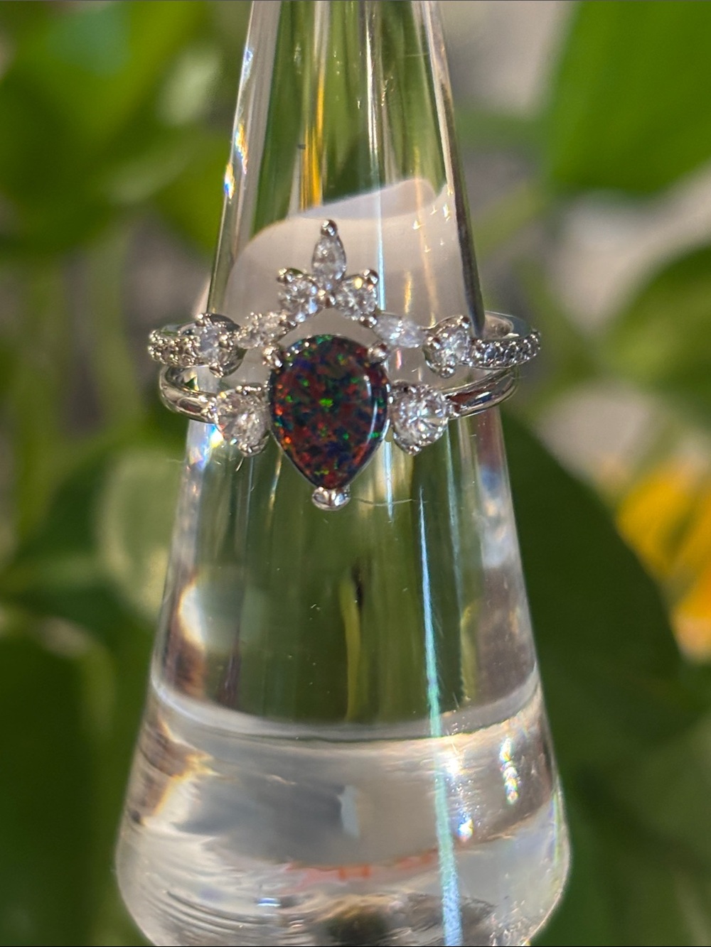 Two piece  Silver Pear Black Opal Halo Ring with Clear Accents